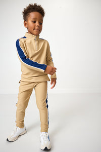 Sideline Half-Zip in Khaki with Navy Stripe