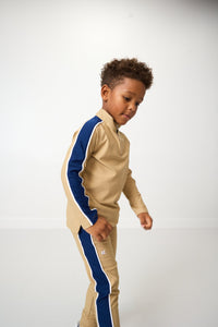 Sideline Half-Zip in Khaki with Navy Stripe