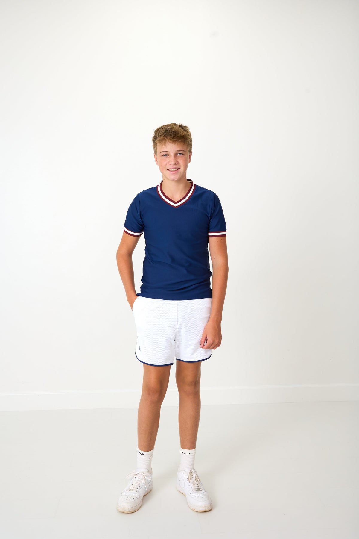 Mesh Super Short in White with Navy Piping