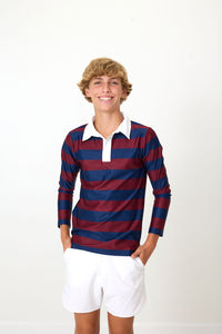 Long Sleeve Rugby Polo Shirt in Maroon & Navy Stripe
