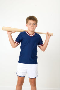 Mesh Super Short in White with Navy Piping