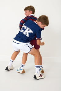 Mesh Super Short in White with Navy Piping