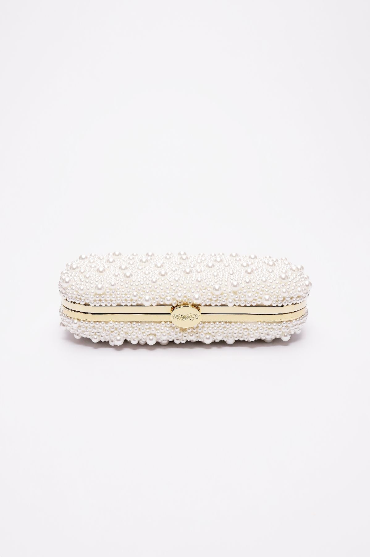 Bella Rosa Collection's True Love Pearl Petite clutch bag with a gold clasp against a plain background.