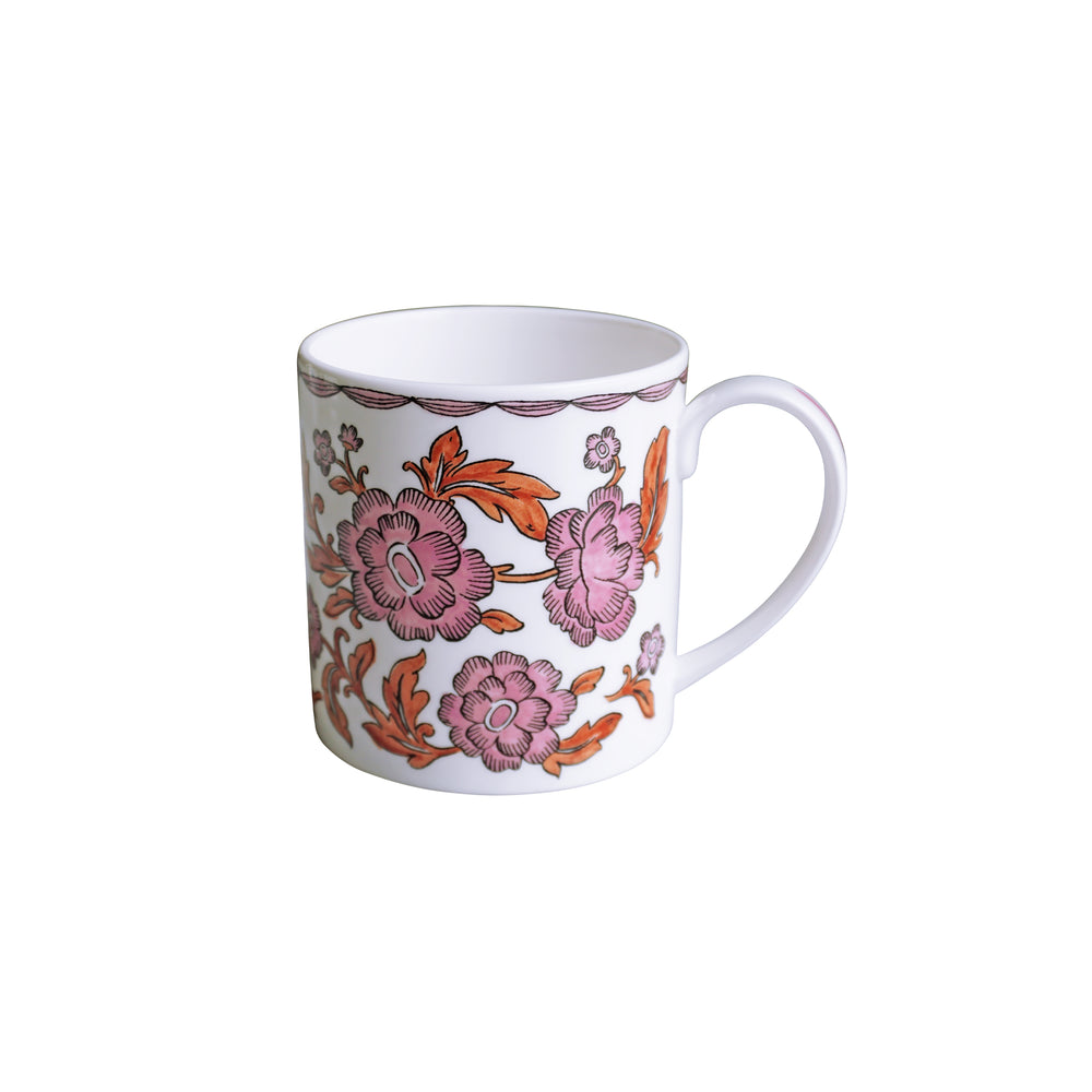 Three-quarter view of Heritage Rosa Rugosa mug showcasing pink and orange floral hand-applied decal on white fine bone china with white background