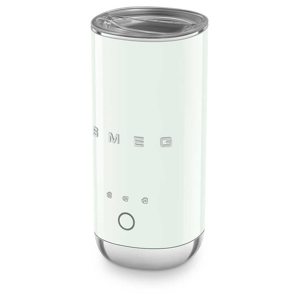 Front view of SMEG Mini Milk Frother, pastel green, showing stainless steel base, single button, and clear lid