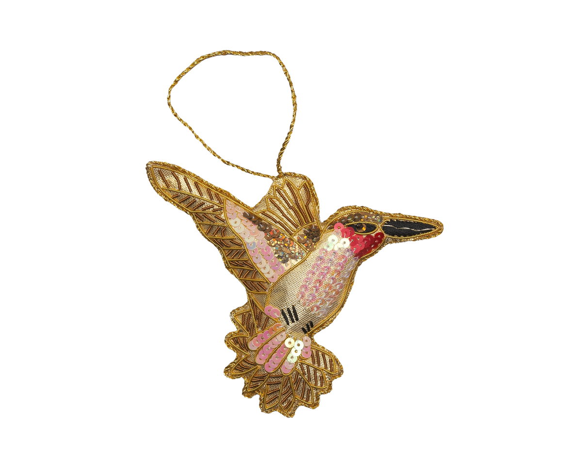 Front view of Hummingbird Ornament showcasing bead and metallic thread embellishment on velveteen fabric with a black background
