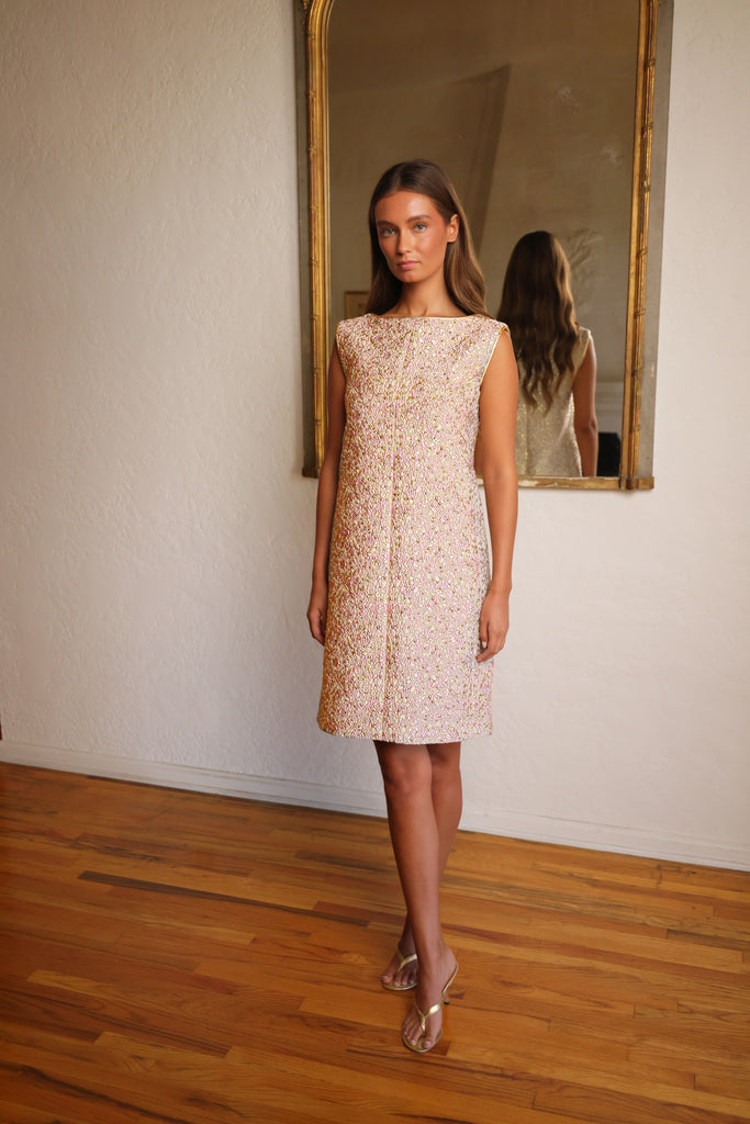 Short Shift Dress in Pink, Gold & Cream
