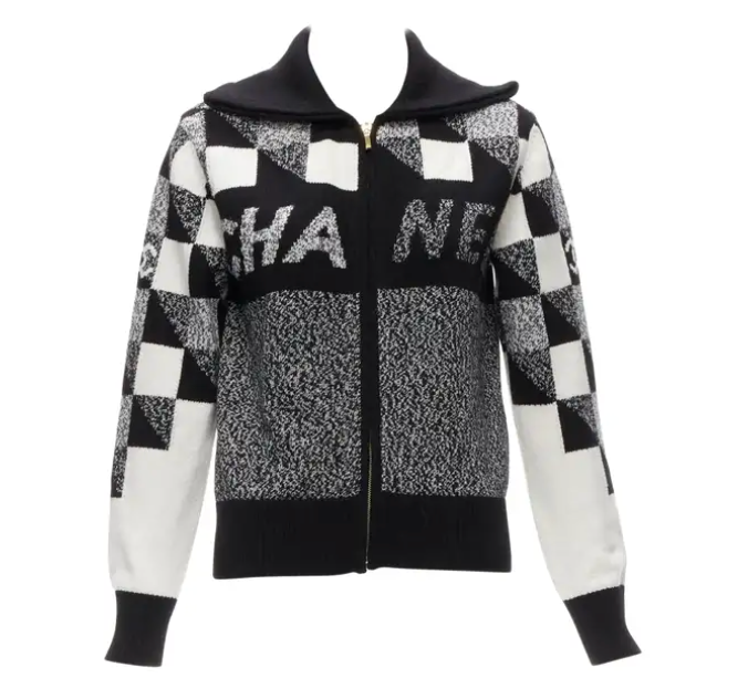 CHANEL 100% cashmere graphic CC logo black white cardigan FR34 XS