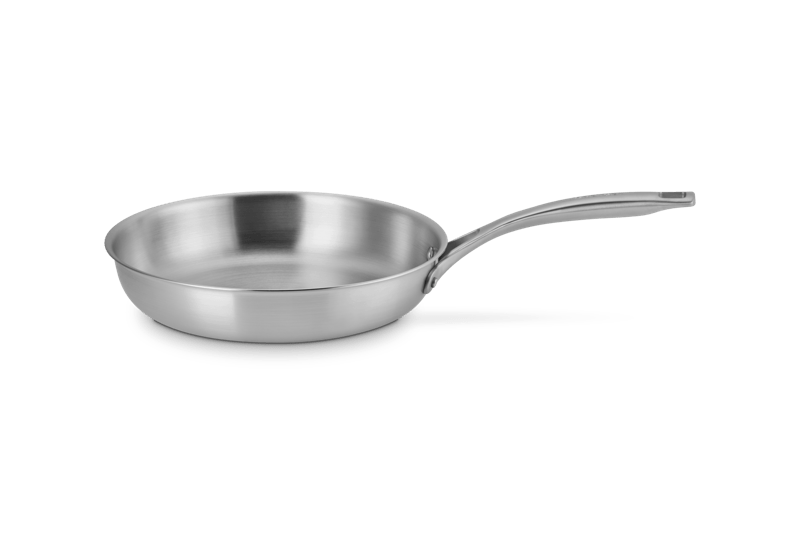 Side view of 10-inch stainless steel frying pan showing brushed finish, dripless rim and long handle on white background