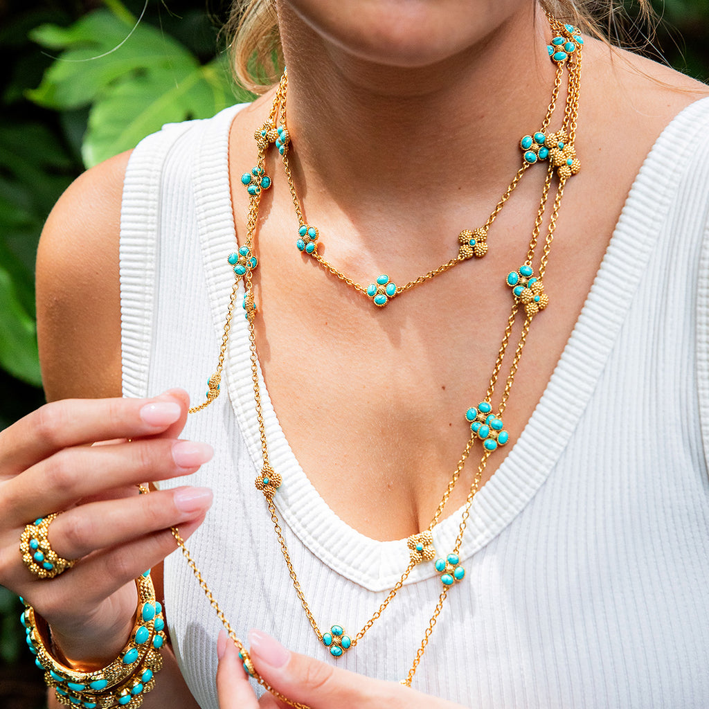 Berry Clover Double Sided Necklace 16" in Turquoise