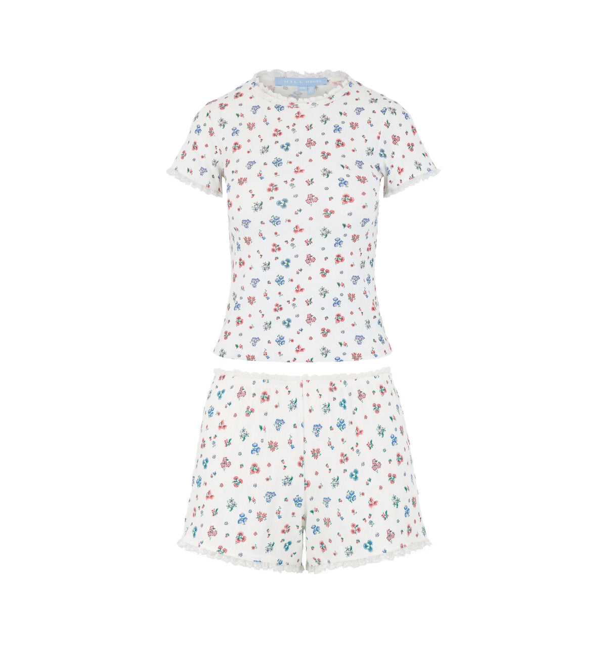 Front view of The Coco Pointelle PJ Set in Winter Posy showcasing floral pointelle fabric, short sleeves, and rosette waist detail on a white background