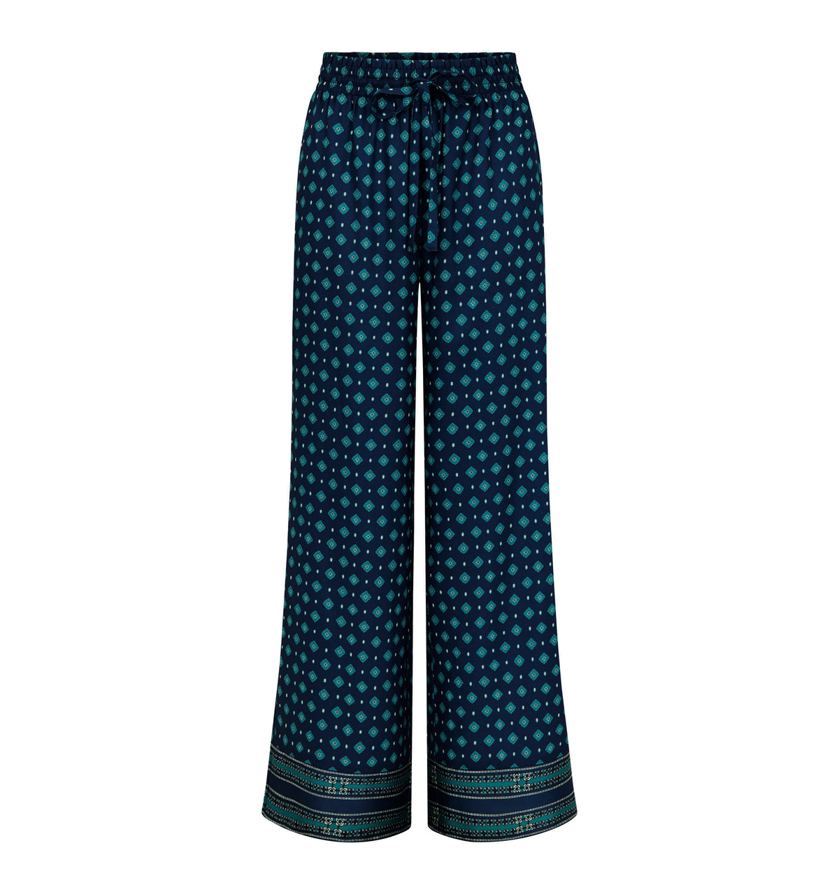 Front view of The Maxime Pant in Juniper Foulard showcasing its wide-leg silhouette and tie waistband against a white background
