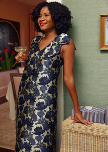 Meredith Gown in Ivory and Navy Floral Silhouette Jacquard