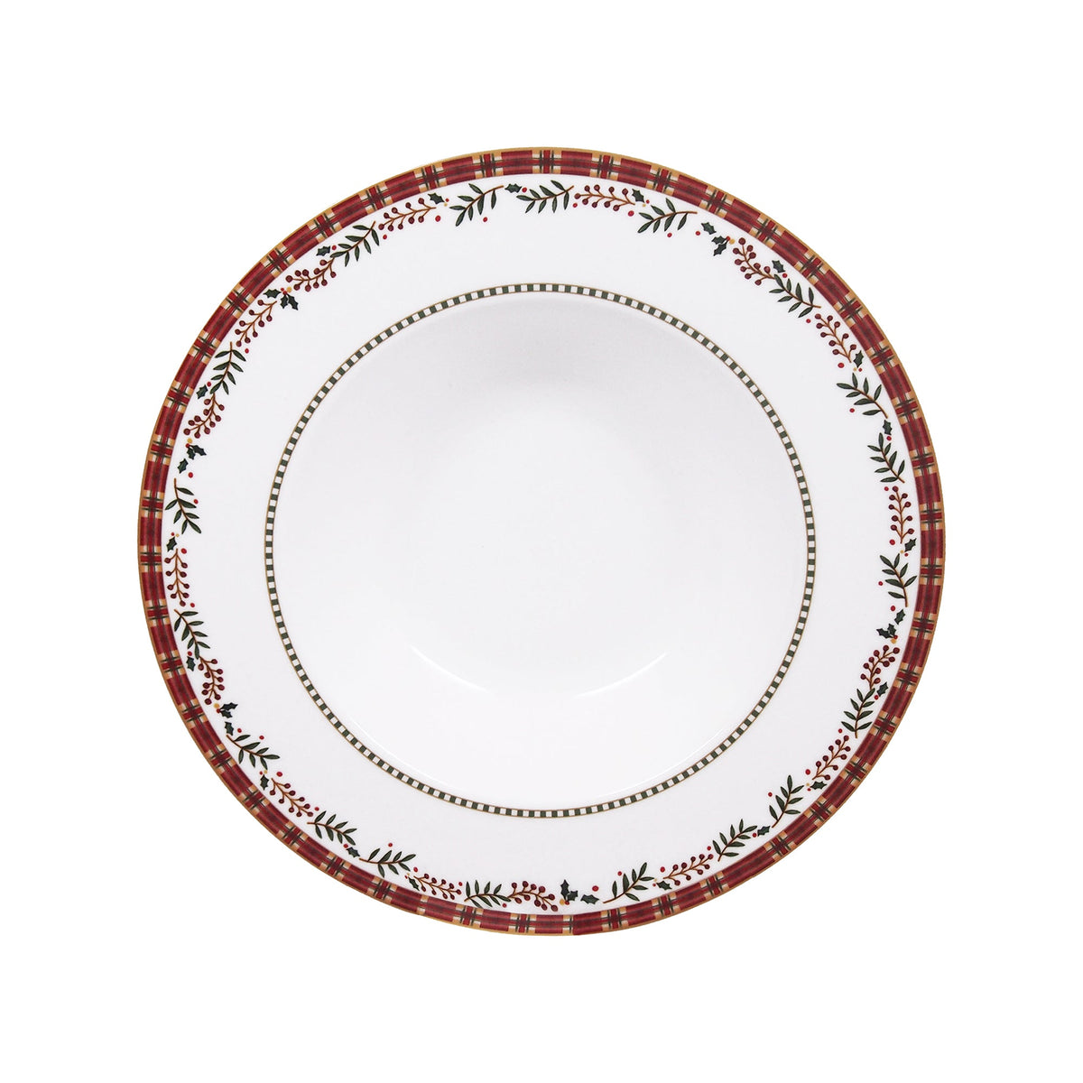 Top view of Prouna Nutcracker Soup Bowl showcasing hand-painted 24K gold trim and holly border on white background