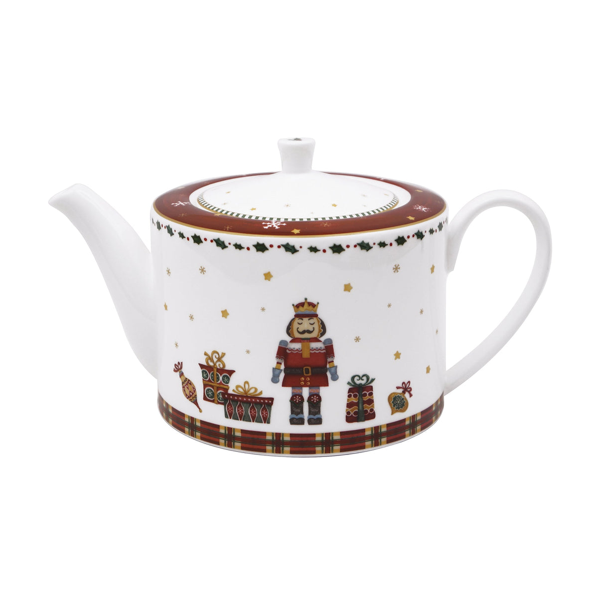 Front view of Prouna Nutcracker Teapot showcasing hand-painted 24K gold details and nutcracker decorations with a white background
