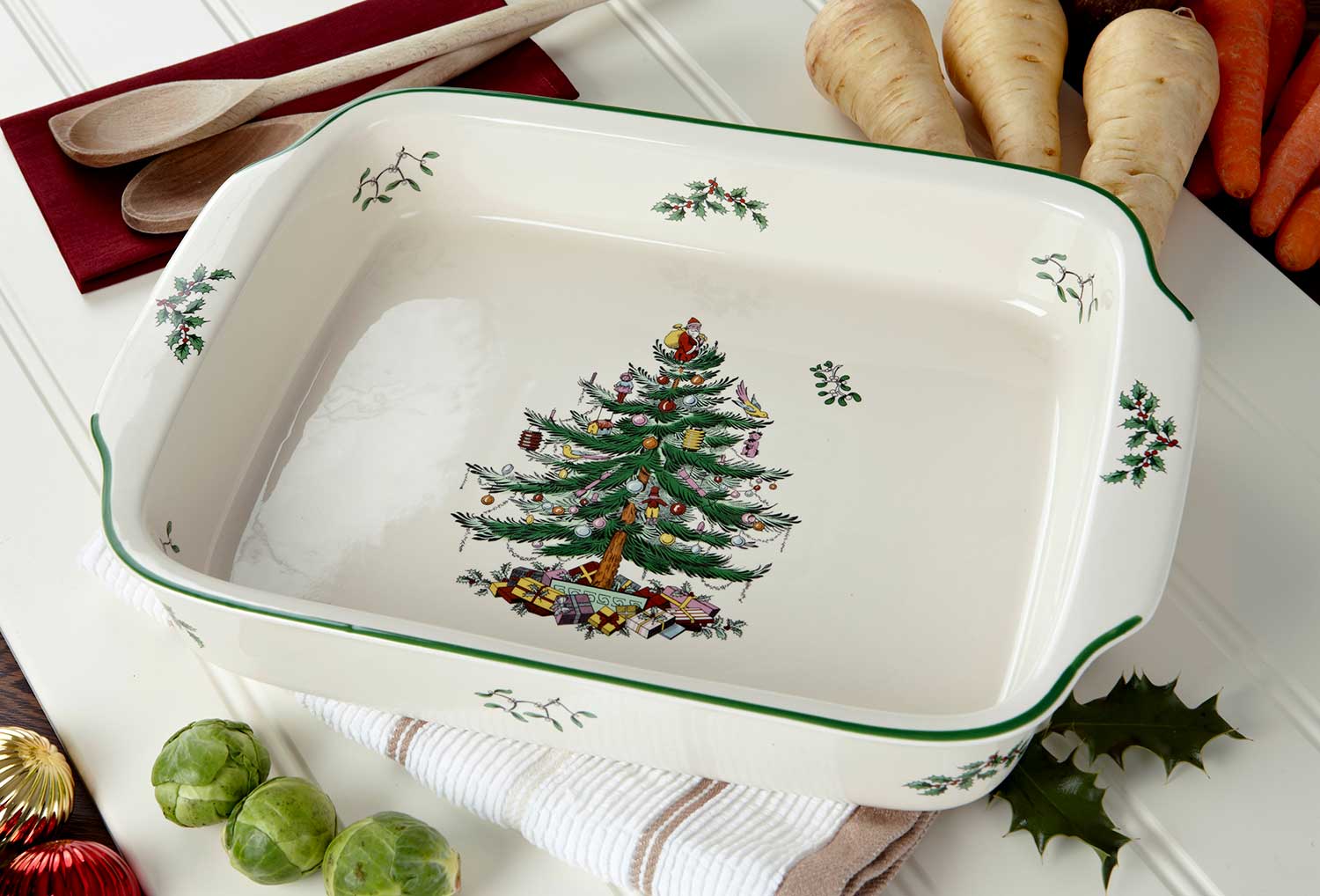 Christmas Tree 15" Rectangular Handled Dish