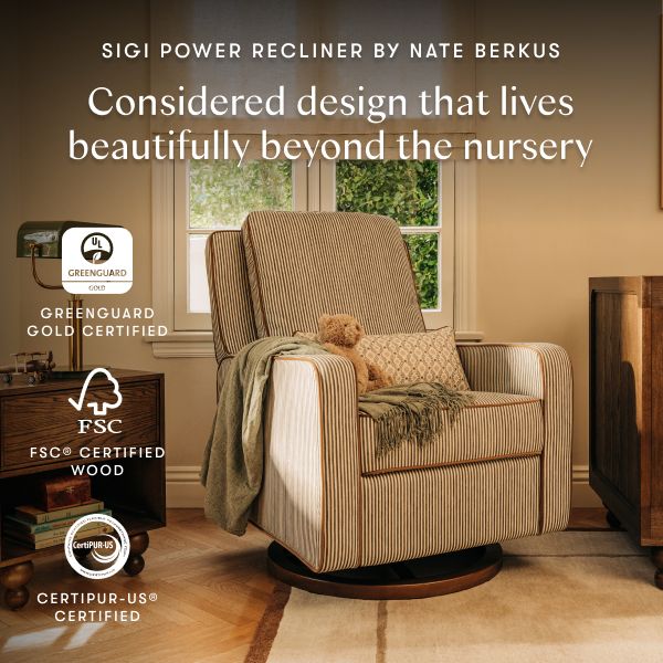 Front view of Sigi power recliner by Nate Berkus in olive stripe upholstery with toffee base in a nursery