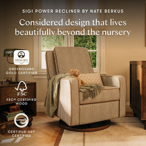 Front view of Sigi power recliner by Nate Berkus in olive stripe upholstery with toffee base in a nursery