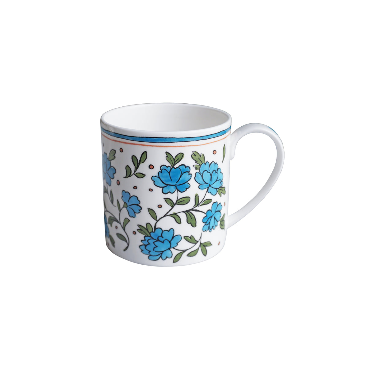 Front view of Heritage Bachelor Button Mug 2 showcasing blue cornflower floral pattern on white fine bone china with white background
