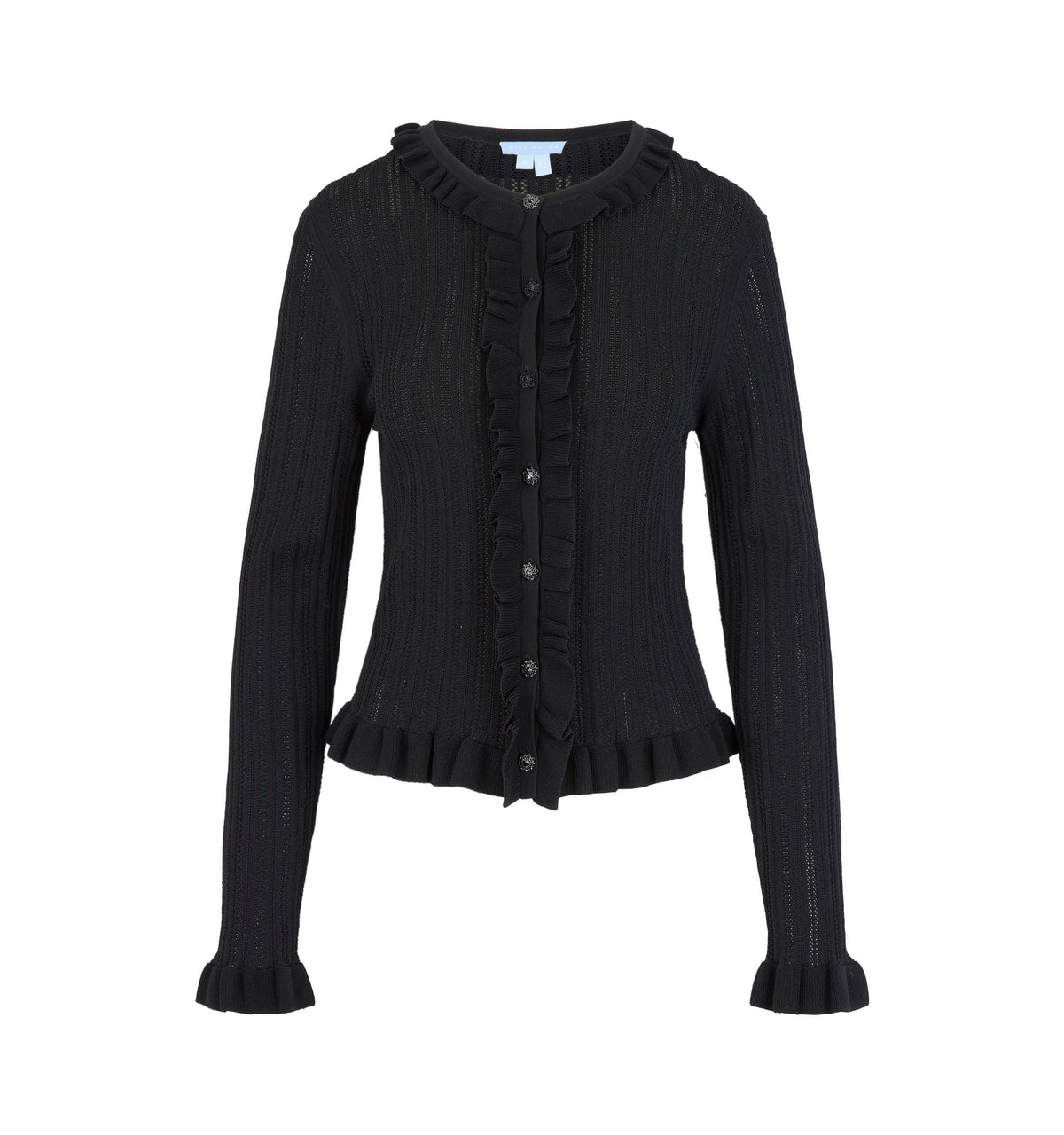 Front view of The Kyle Cardigan in black showcasing pointelle knit, ruffle trim, and button closure on white background