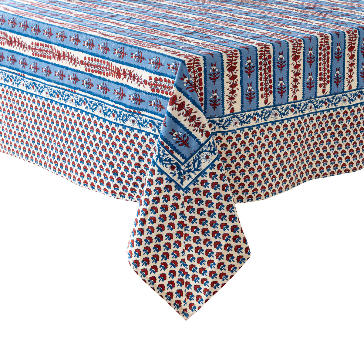Close-up view of French Tablecloth Avignon showcasing red and blue botanical stripes with a white background