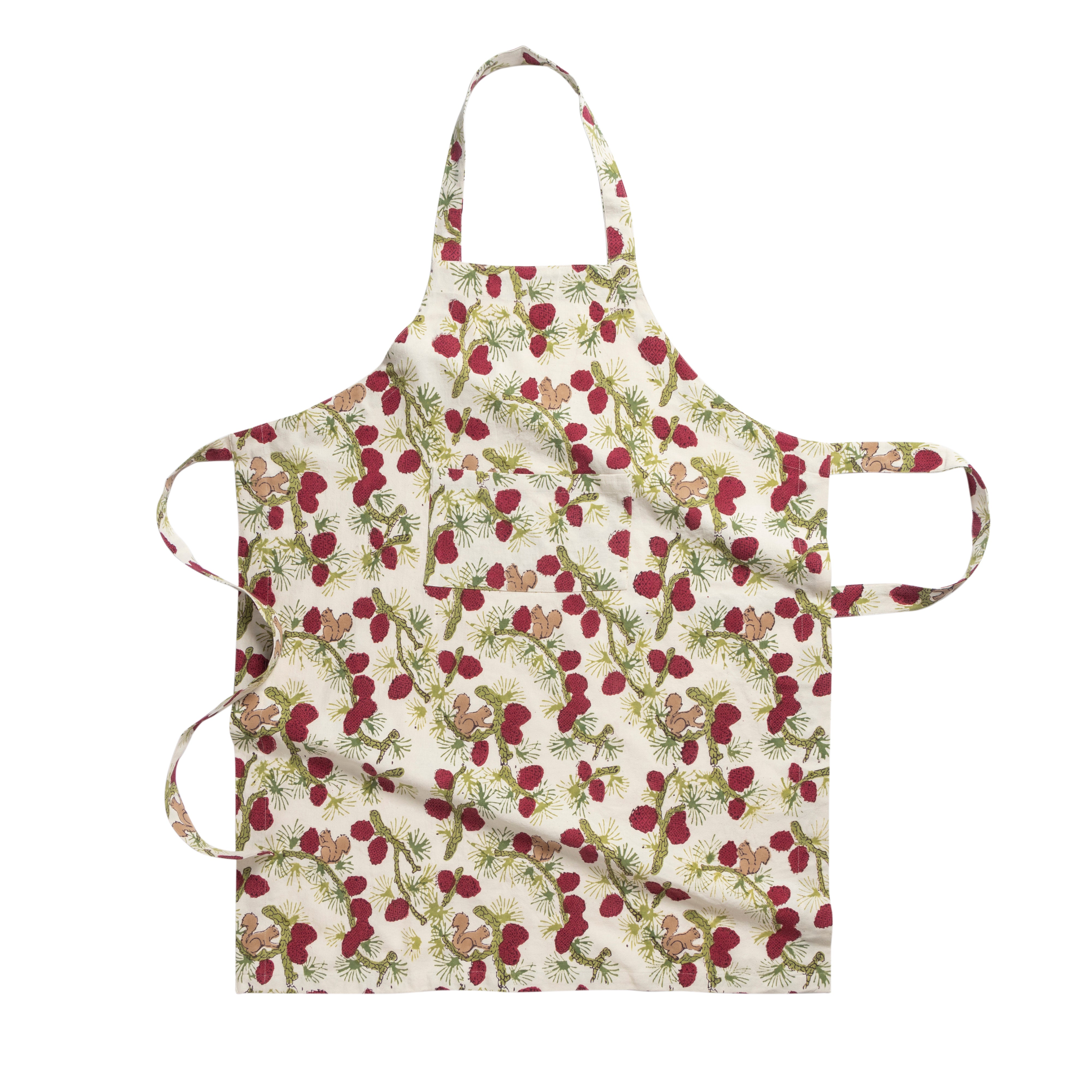Squirrel and Pinecone Apron in Red & Brown