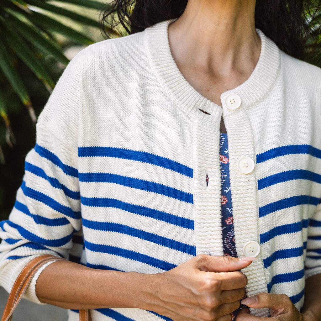 Women's Cream and Blue Stripe Knit Cardigan
