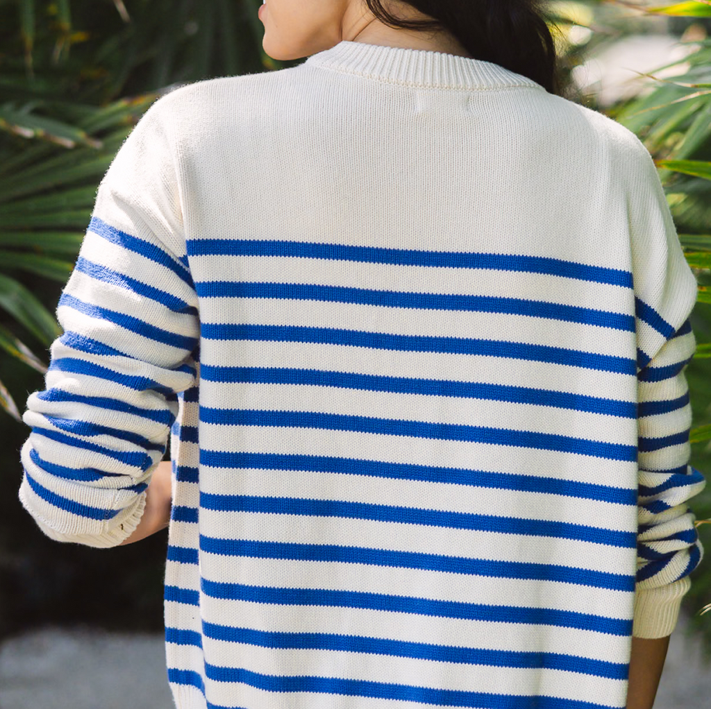 Women's Cream and Blue Stripe Knit Cardigan