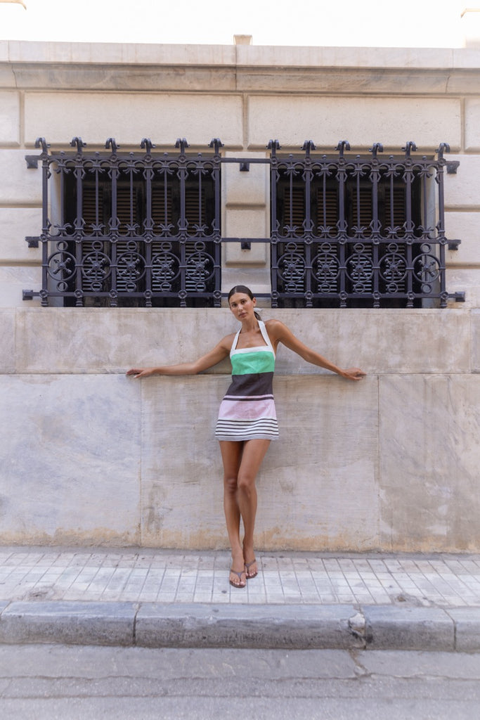 Maya Mini Halter Dress in Tango Stripe
