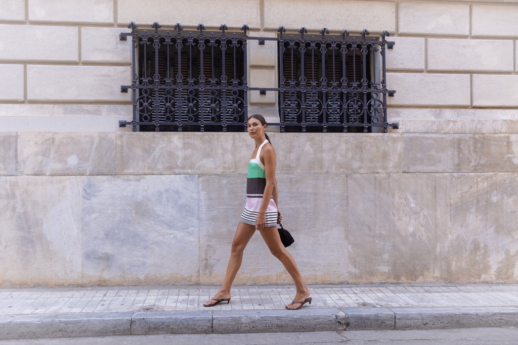 Maya Mini Halter Dress in Tango Stripe