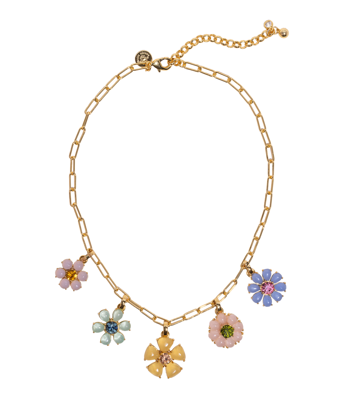 Front view of Talia Charm Necklace showing six pastel flower charms on a gold paperclip chain with adjustable extender on white background