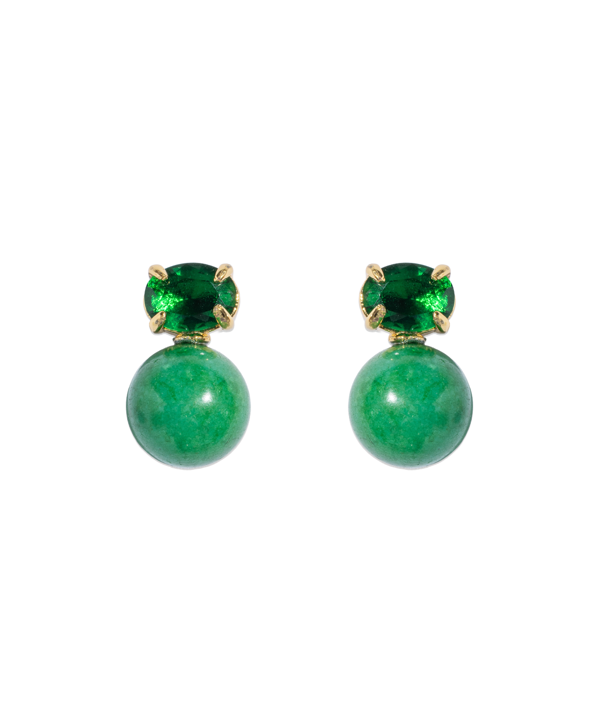 Front view of Sabine Studs in Green showcasing green crystal tops and round dyed jade beads with gold finish on white background