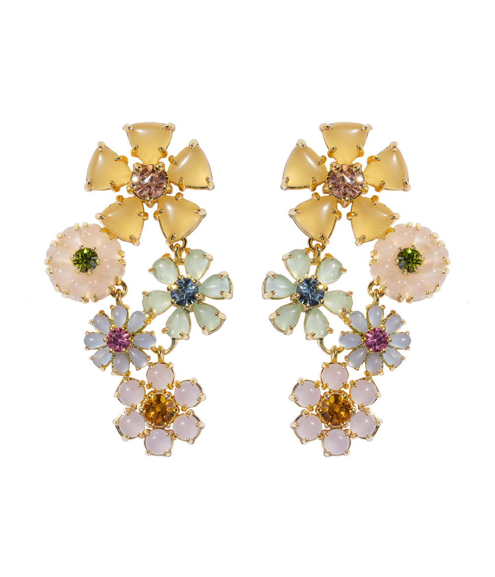 Front view of Talia Statement Earrings showcasing cascading pastel floral cabochons and crystals on gold finish with white background