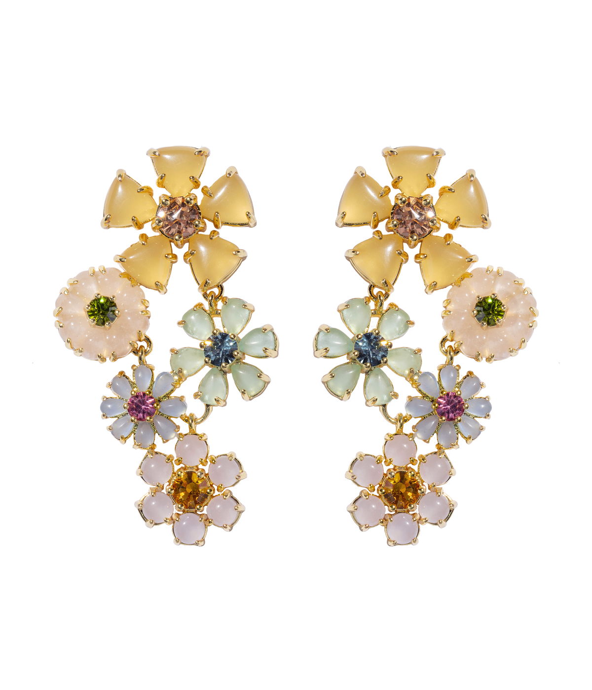 Front view of Talia Statement Earrings showcasing cascading pastel floral cabochons and crystals on gold finish with white background