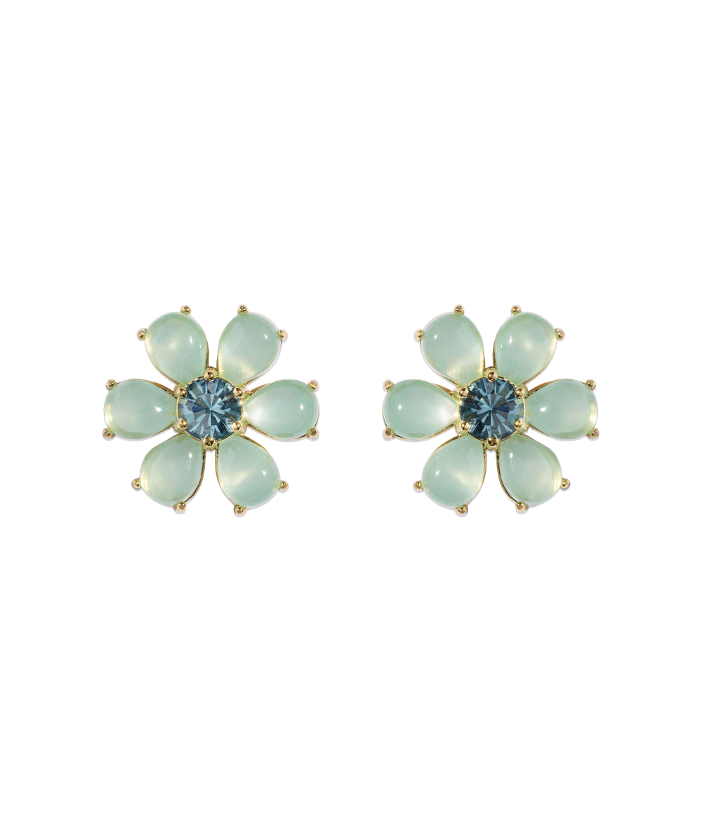 Front view of Emeline Flower stud earrings showing mint cabochon petals and blue crystal centers on black background