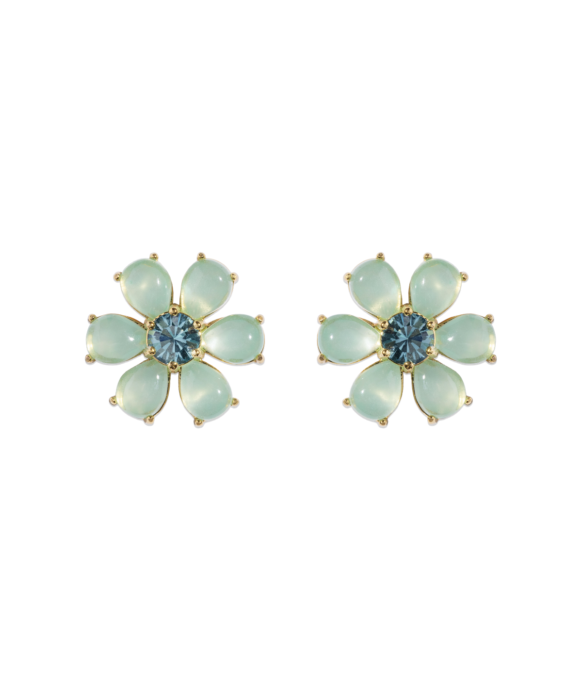Front view of Emeline Flower stud earrings showing mint cabochon petals and blue crystal centers on black background