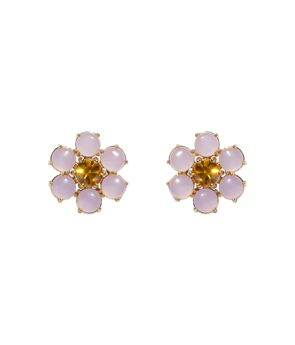Front view of Emeline Flower stud earrings showcasing lavender cabochon petals and central yellow crystal on black background