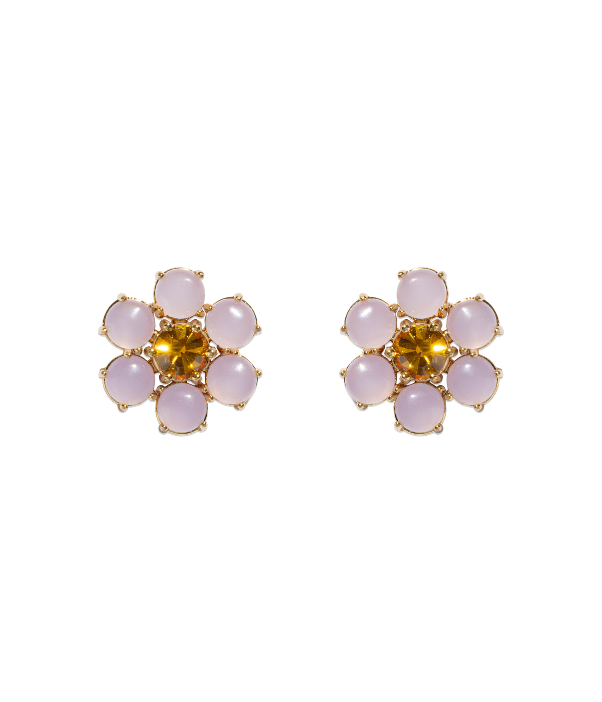 Front view of Emeline Flower stud earrings showcasing lavender cabochon petals and central yellow crystal on black background