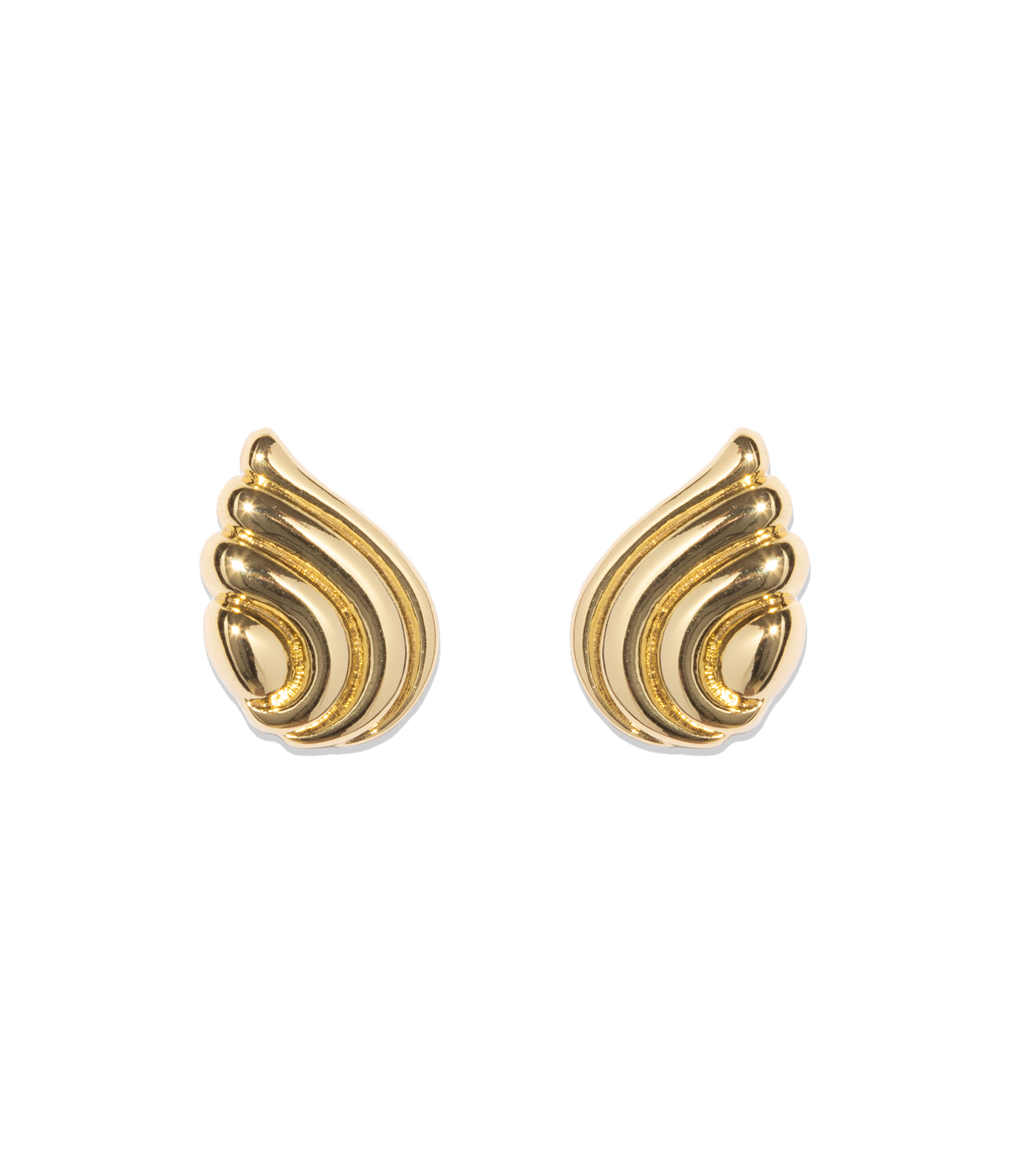 Front view of Florina Stud Earrings in Gold showcasing sculptural winged silhouette with black background