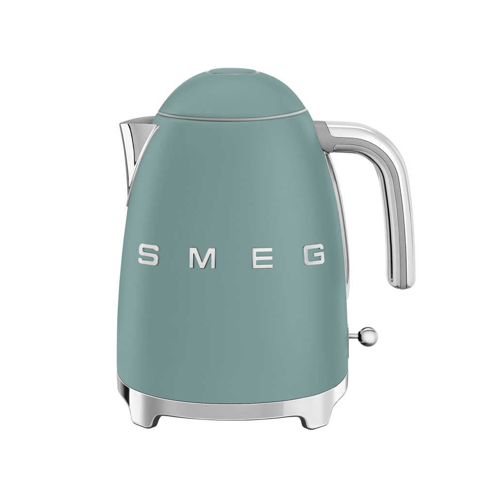 Front view of SMEG electric kettle in emerald green with chrome handle, stainless spout and SMEG logo on white background