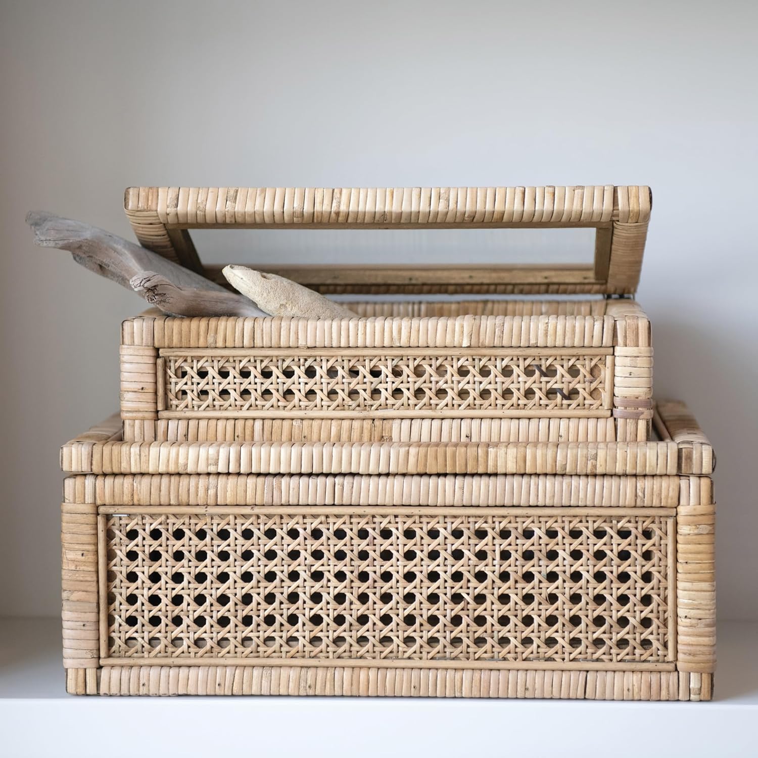 Creative Co-Op Modern Decorative Rectangle Woven Rattan and Wood Display Boxes with Glass Top, Set of 2 Sizes, Natural Finish