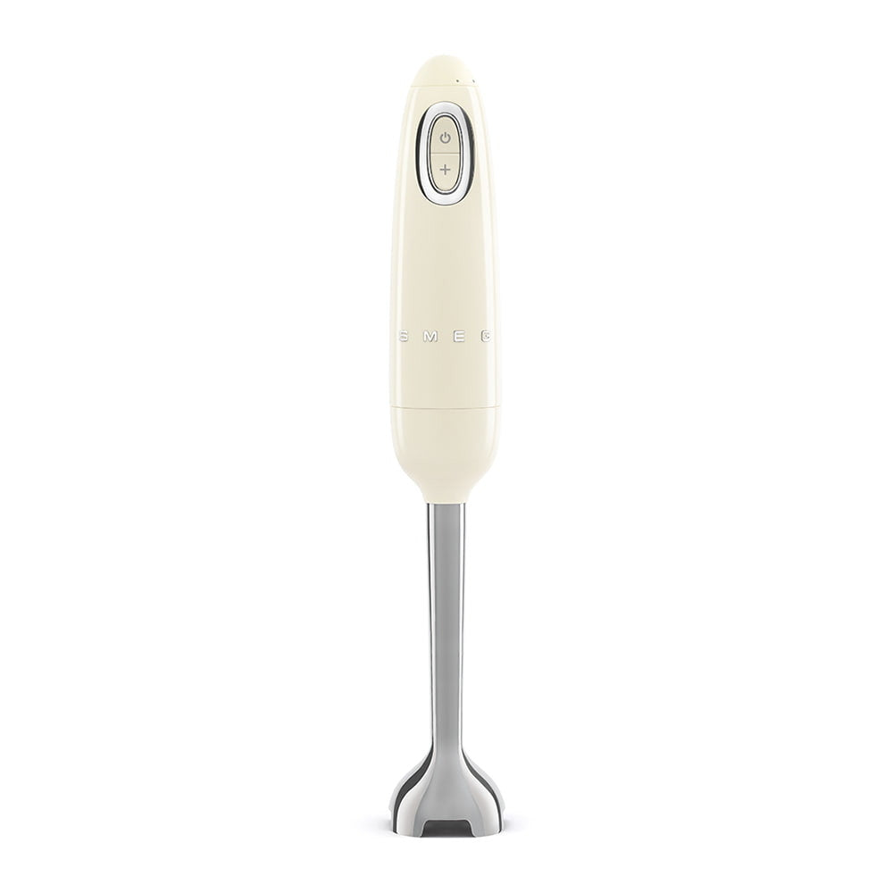Front view of SMEG Retro hand blender in cream showing control buttons and stainless steel blending shaft on white background
