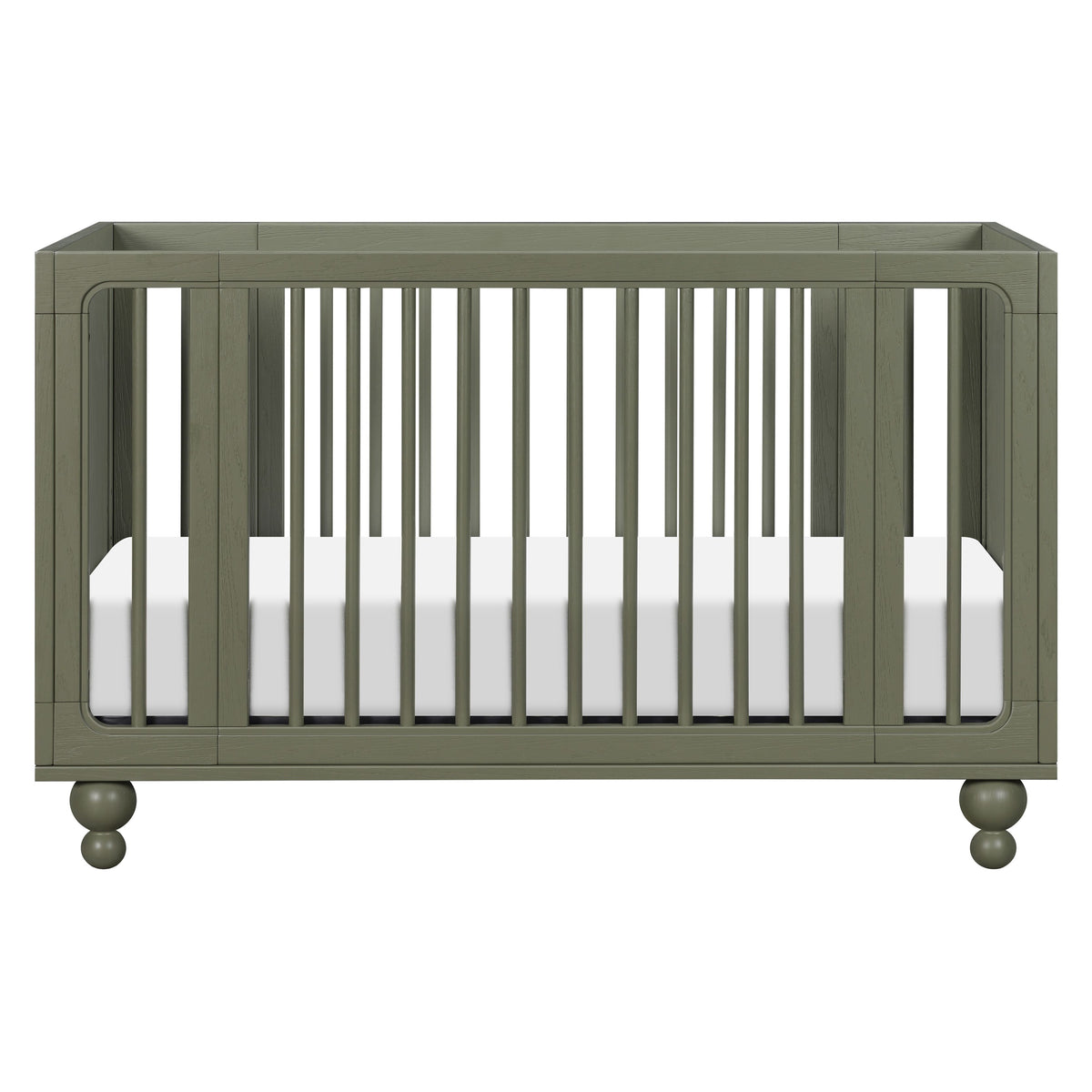 Front view of Astre All-Stages 8-in-1 Crib in Archival Elm showcasing vertical slats and ball feet on white background