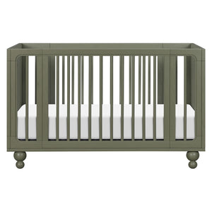 Front view of Astre All-Stages 8-in-1 Crib in Archival Elm showcasing vertical slats and ball feet on white background