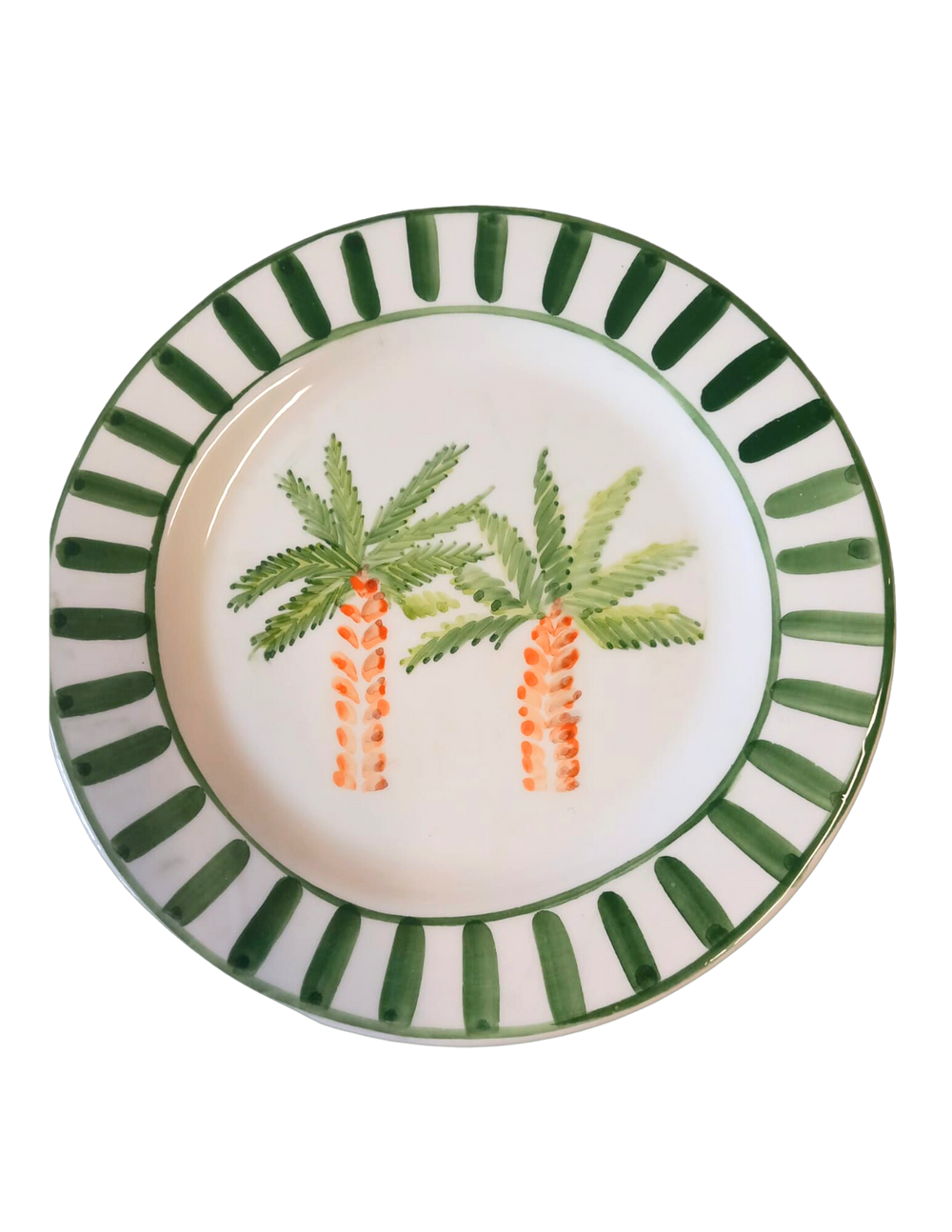 Top-down view of Marrakech Palm Tree ceramic plate showcasing hand-painted twin palm motif and green striped rim