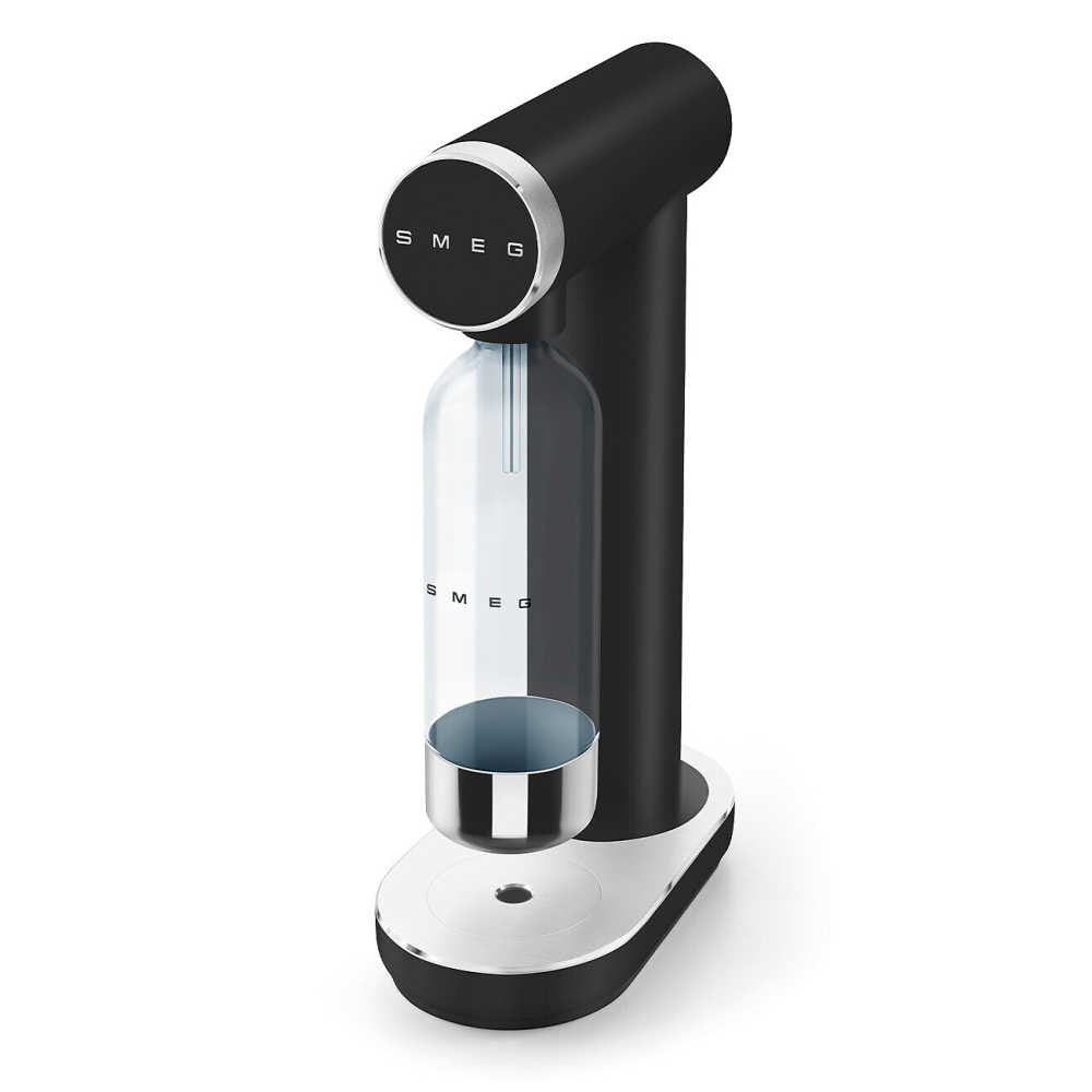 Angled view of SMEG Sparkling Water Maker in matte black showing Tritan bottle and chrome drip tray on white background
