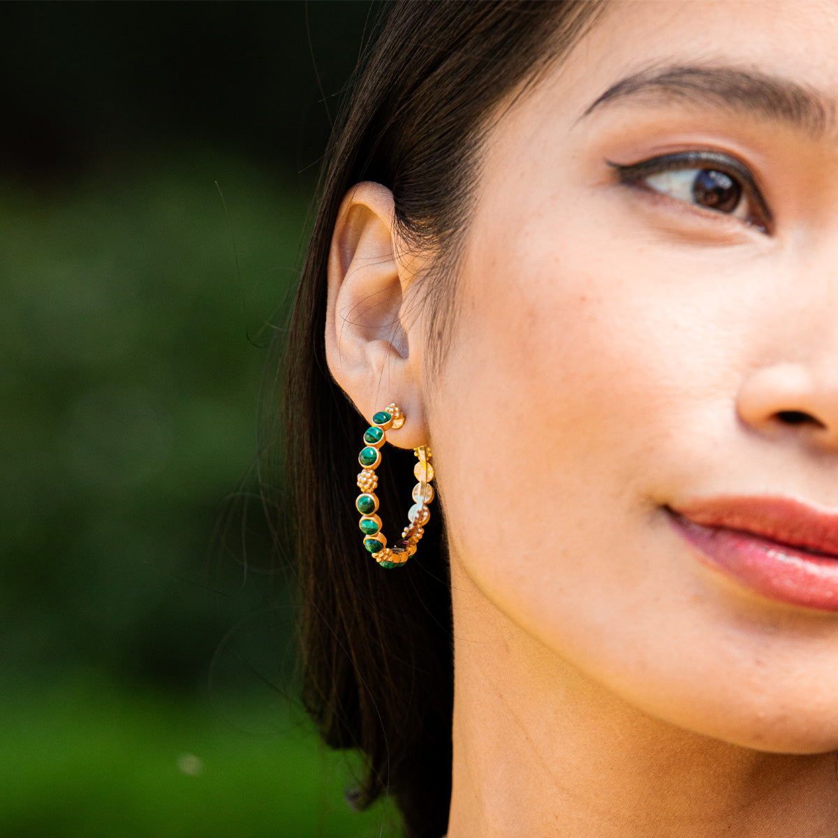 Berry Gem Medium Hoop Earrings in Malachite