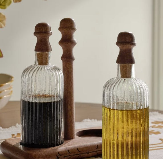 Antiqued Wood Ribbed Glass Oil & Vinegar Set