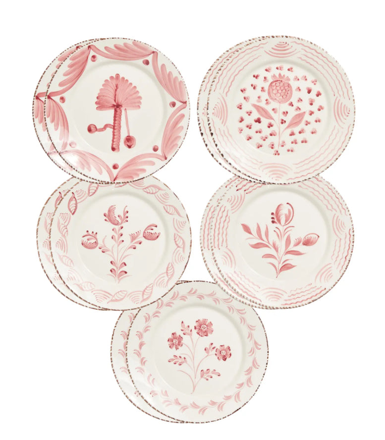 Casa Nuno Pink and White Dinner Plates, Mixed Patterns, Set of 10