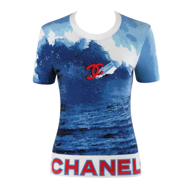 CHANEL 2002 Red White Blue CC Surf Wave Print Stretch Short Sleeve Top